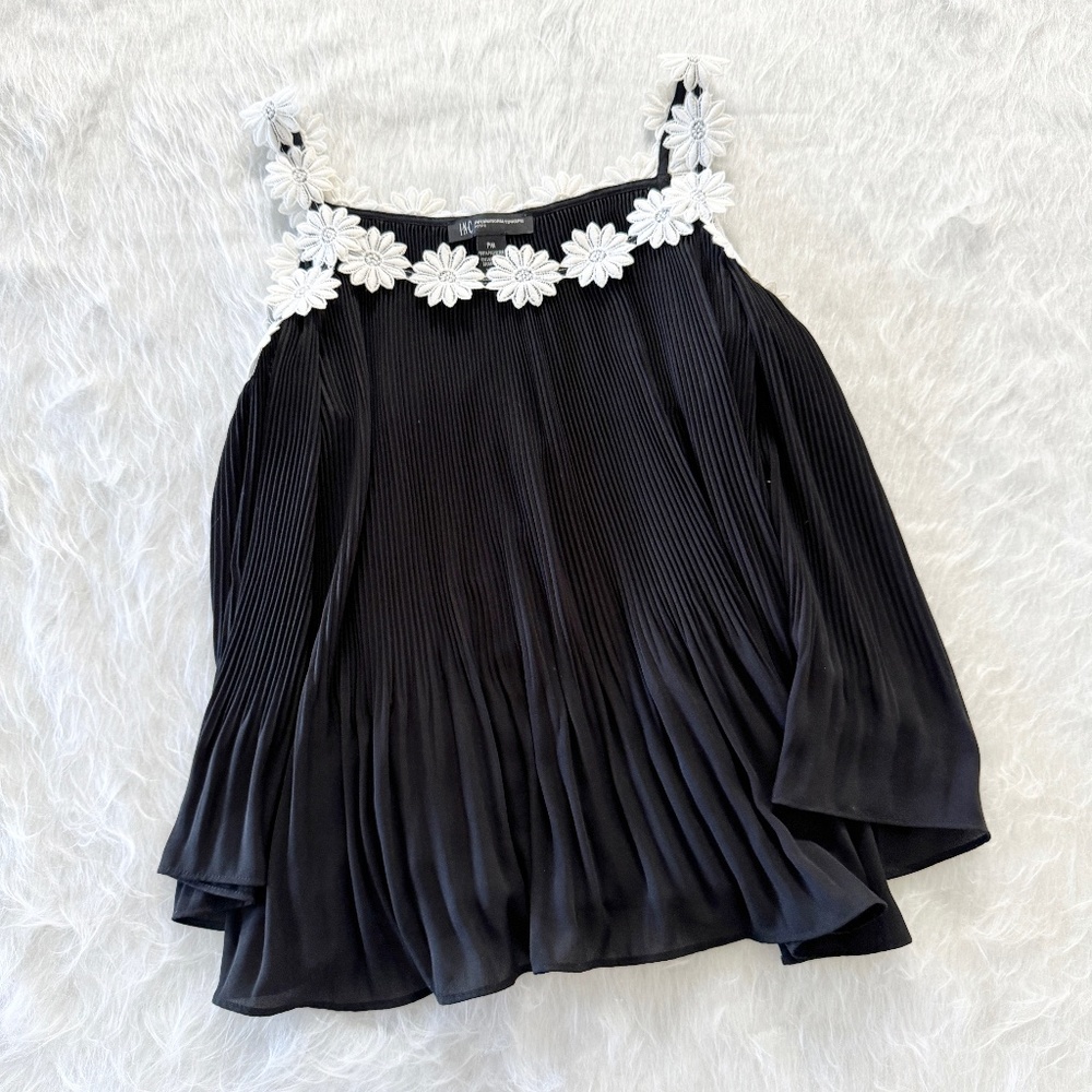 INC Black Pleated Floral Border Blouse